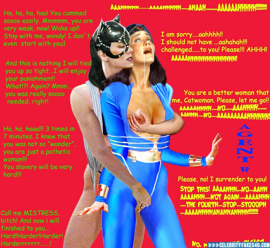 Lynda Carter Fake, Bondage, Captioned, Catwoman, Horny, Masturbating, Squeezing Breasts, Swallowing Cum, Wonder Woman, Porn