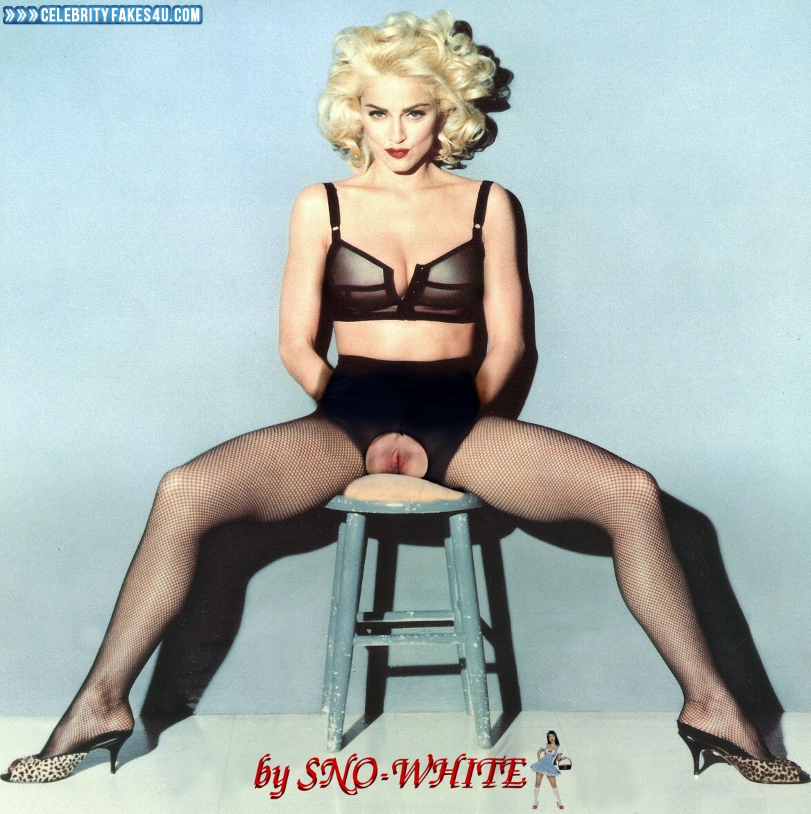 Madonna Fake, Heels, Legs Spread, Lingerie, Pussy, Stockings, Porn