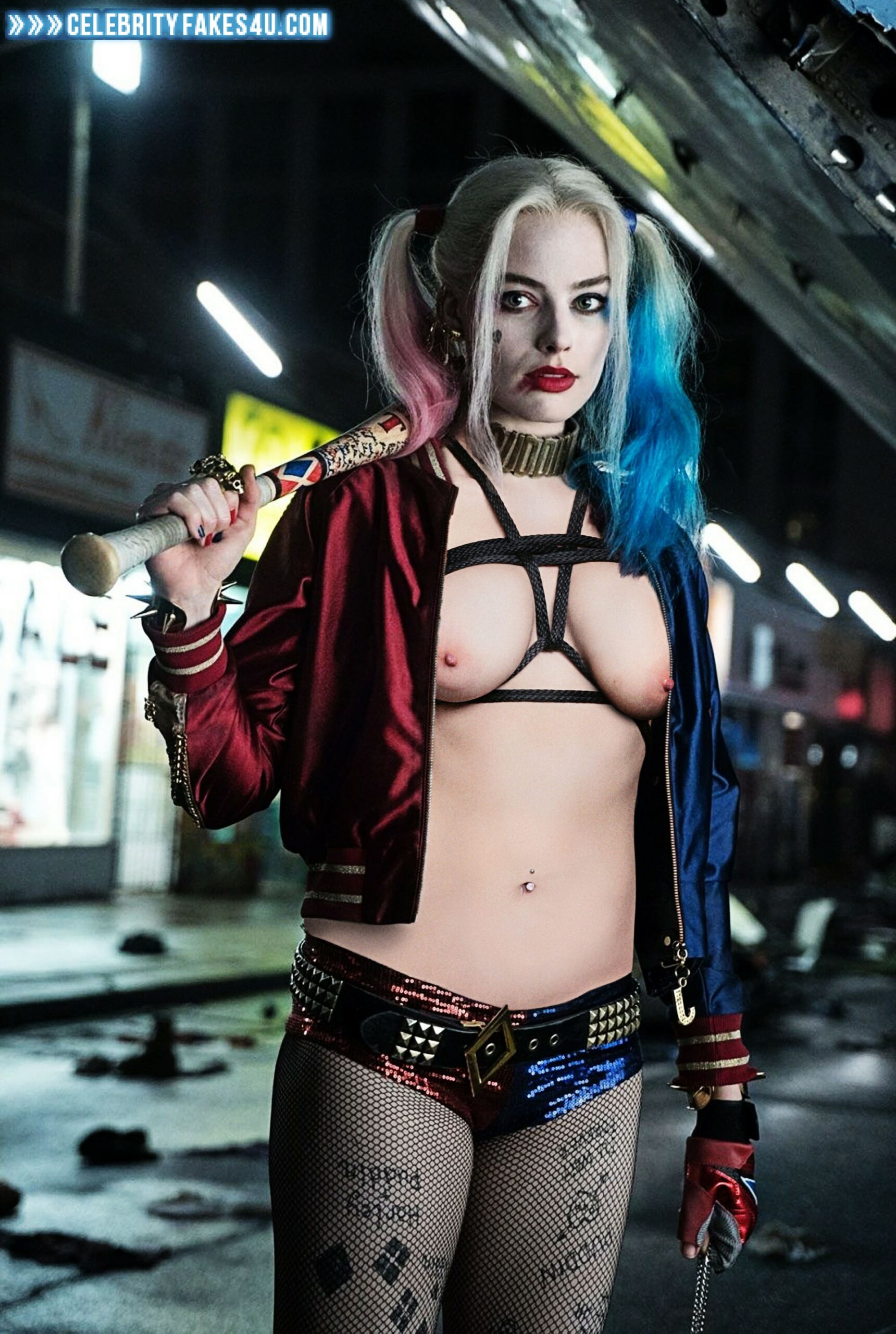 Margot Robbie Fake, Lipstick, Nude, Public, Series, Stockings, Suicide Squad, Tattoos, Tits, Porn