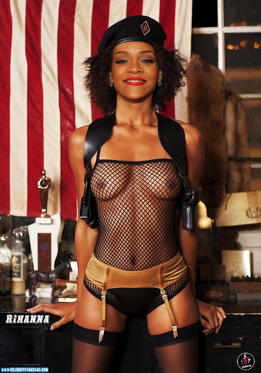 Rihanna Fake, Fishnet Stockings, Hot Outfit, Lingerie, Lipstick, Nude, Stockings, Tits, Porn